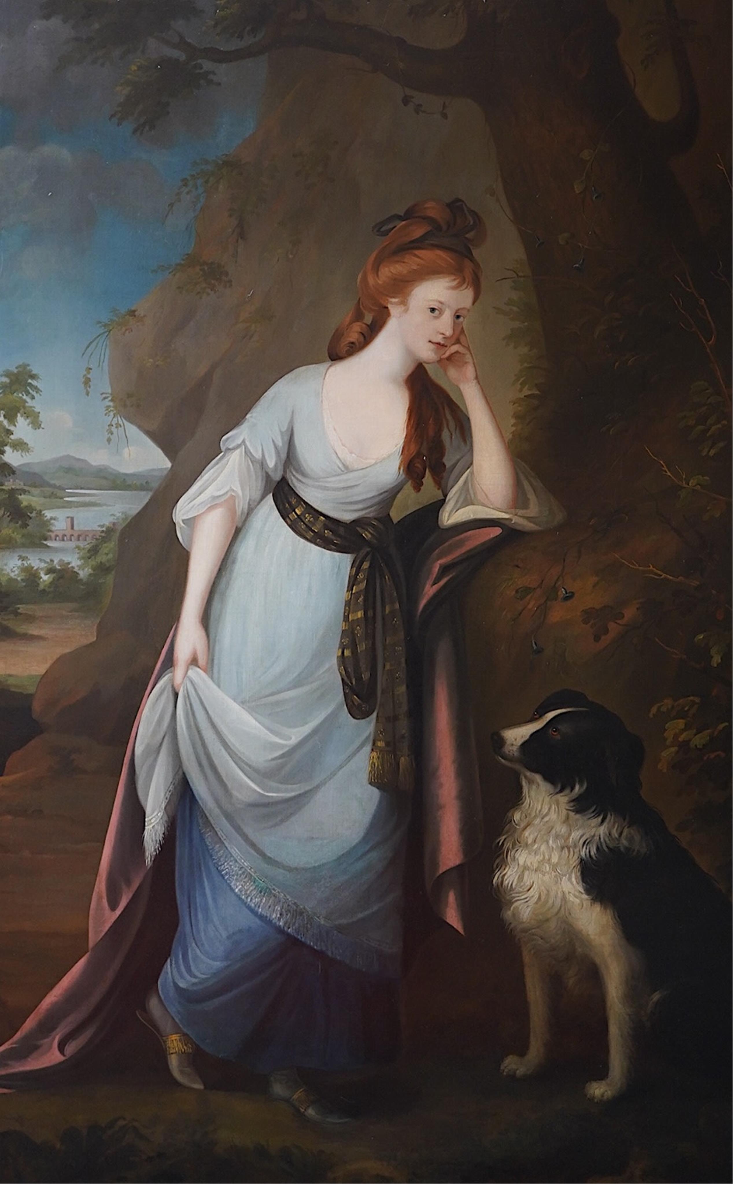 Circle of Anne Forbes (English, 1745-1834), Portrait of a lady, full length, in a white dress, with a dog in a landscape, oil on canvas, 229 x 145cm, unframed